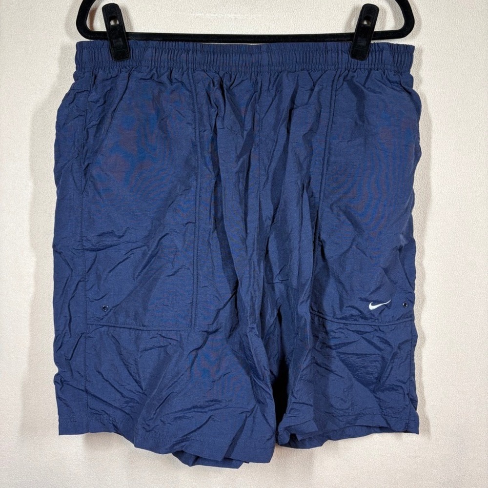 Vtg Nike Nylon Sport Short Swoosh Logo Mens XXL Navy Blue Mesh Lined Athletic